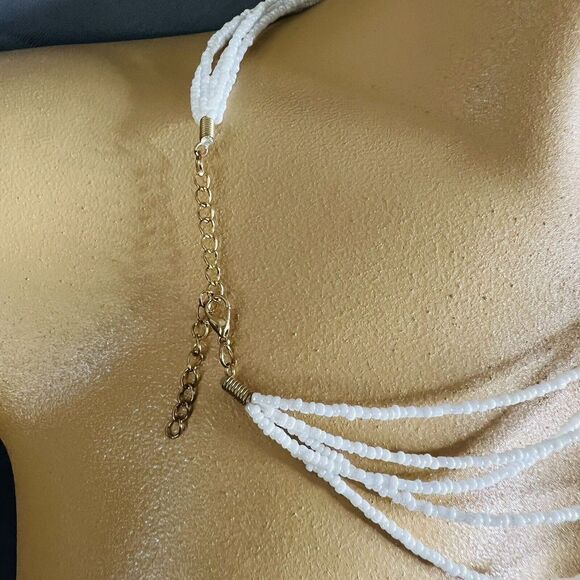 Vintage Necklace Seed Beads Gold  White Multi Strand 1096 - Picture 7 of 8